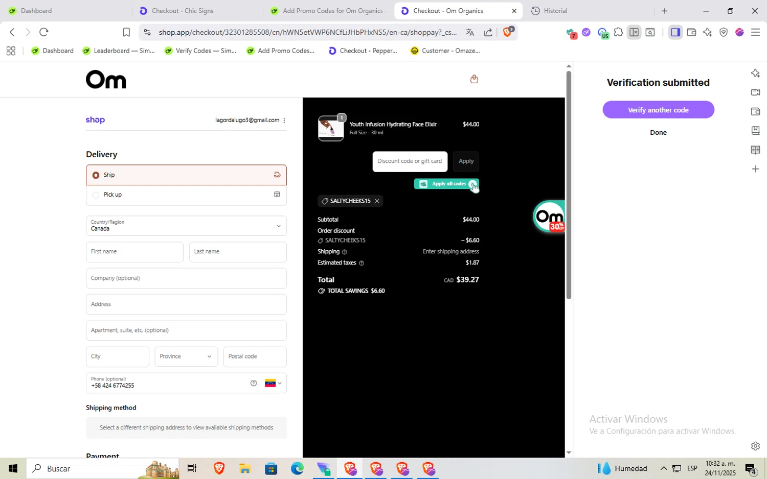 Om Organics discount code screenshot showing code SaltyCheeks15 applied at Om Organics checkout page. Uploaded by SimplyCodes community member Rayyyyyy on Nov 24, 2025