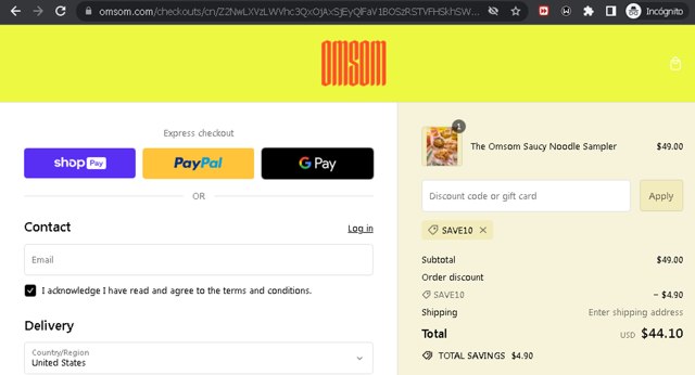Omsom checkout page showing Omsom discount code box | Screenshot taken by SimplyCodes community member on Jun 23, 2024