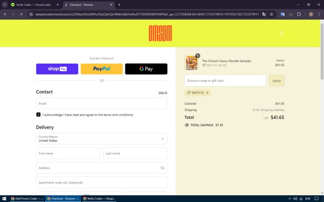 Omsom checkout page showing Omsom discount code box | Screenshot taken by SimplyCodes community member on Aug 14, 2024