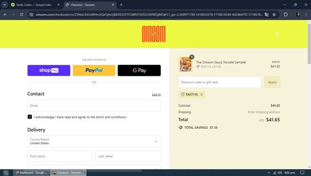 Omsom checkout page showing Omsom discount code box | Screenshot taken by SimplyCodes community member on Jun 17, 2024