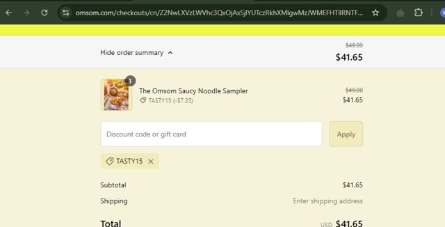 Omsom checkout page showing Omsom discount code box | Screenshot taken by SimplyCodes community member on Oct 11, 2024