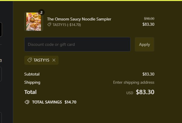Omsom checkout page showing Omsom discount code box | Screenshot taken by SimplyCodes community member on Jul 16, 2024