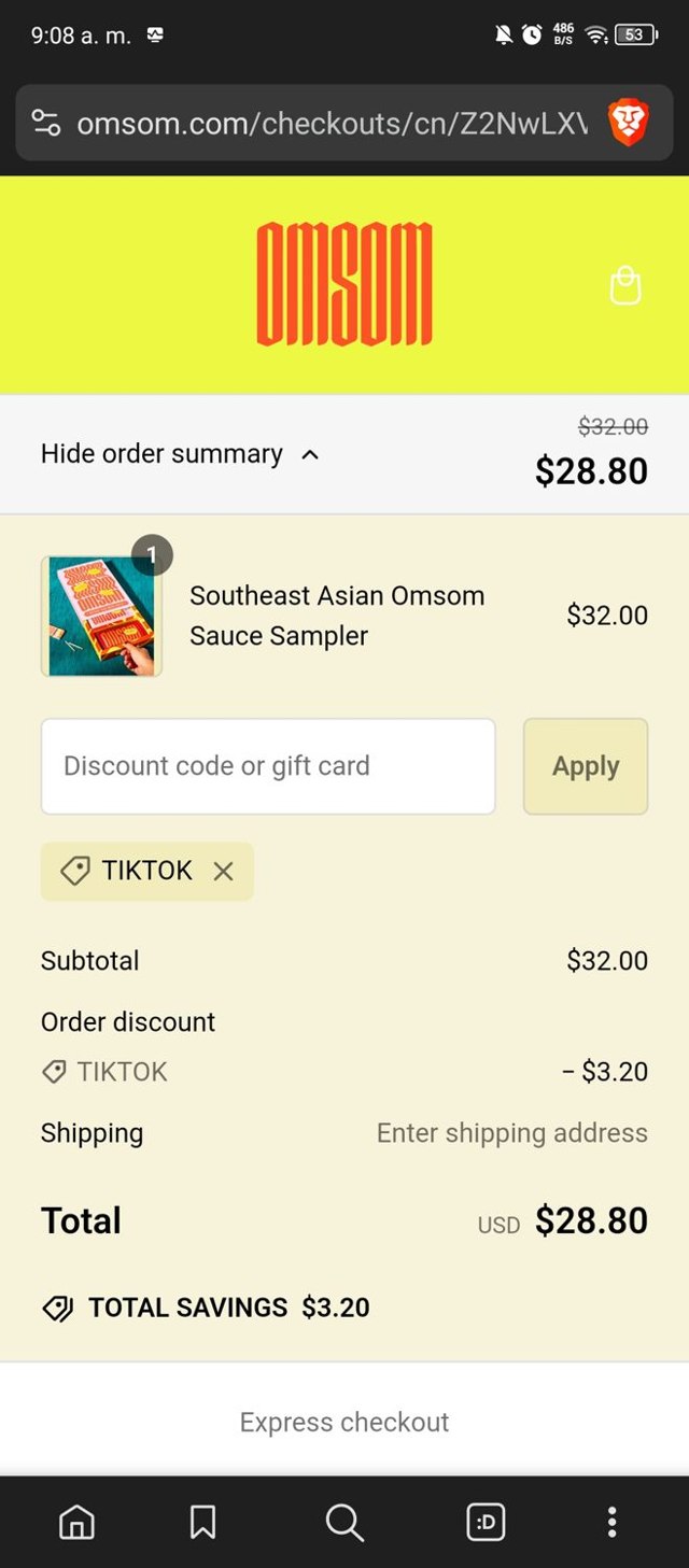 Omsom checkout page showing Omsom discount code box | Screenshot taken by SimplyCodes community member on Oct 1, 2024