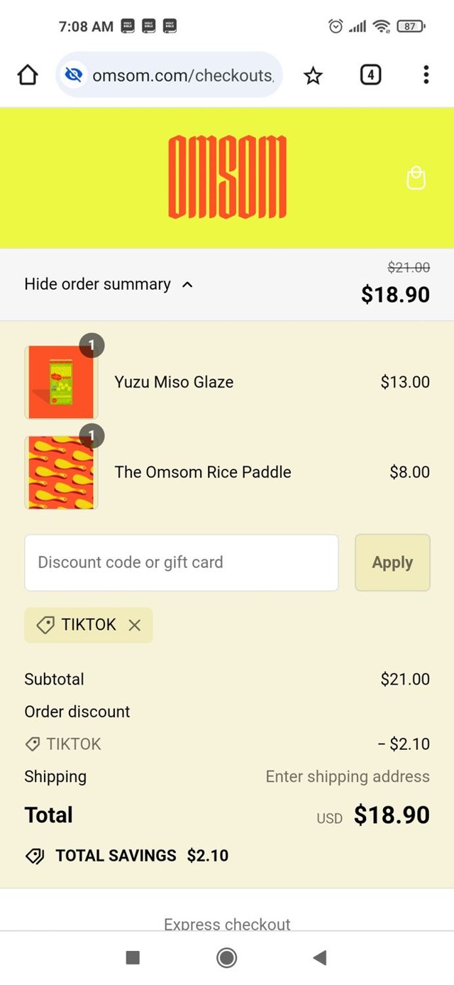 Omsom checkout page showing Omsom discount code box | Screenshot taken by SimplyCodes community member on Jul 5, 2024