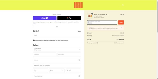 Omsom checkout page showing Omsom discount code box | Screenshot taken by SimplyCodes community member on Oct 30, 2024