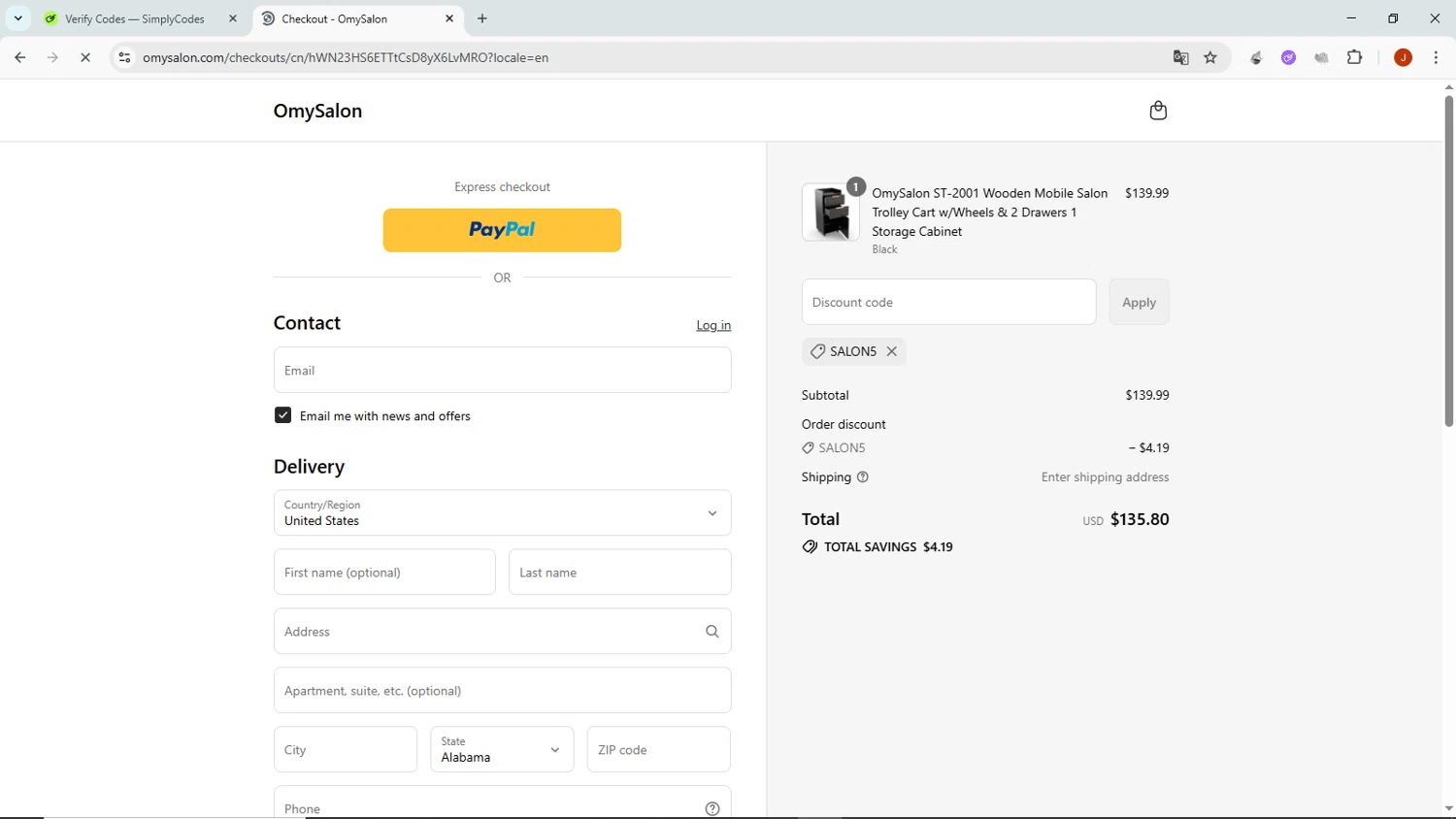 OmySalon discount code screenshot showing code SALON5 applied at OmySalon checkout page. Uploaded by SimplyCodes community member NobleMaven802 on Aug 21, 2025