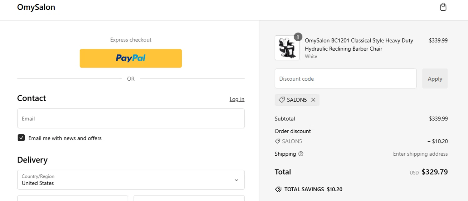 OmySalon discount code screenshot showing code SALON5 applied at OmySalon checkout page. Uploaded by SimplyCodes community member Eminem on Jan 9, 2025