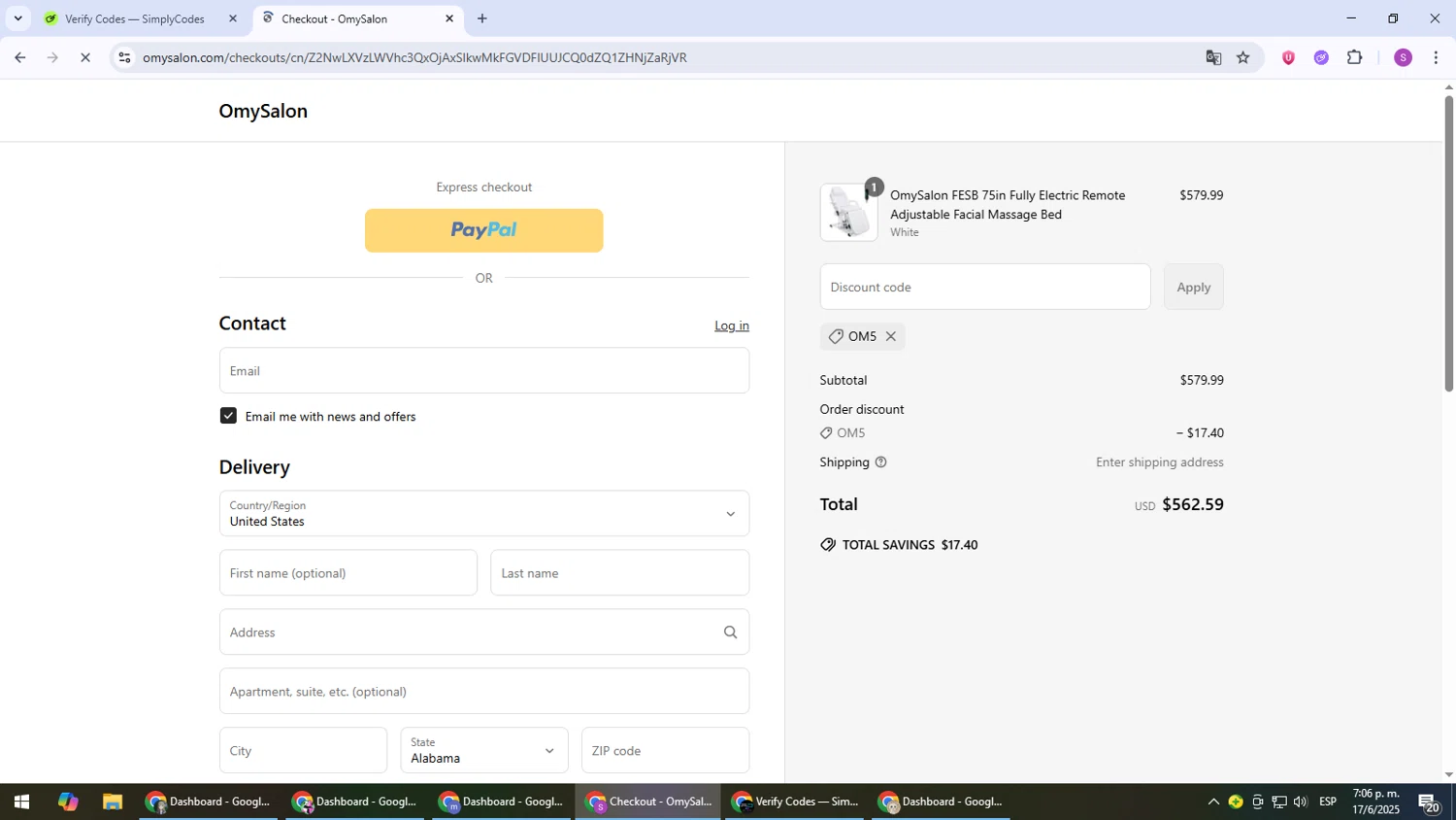 OmySalon discount code screenshot showing code OM5 applied at OmySalon checkout page. Uploaded by SimplyCodes community member Son_Goku on Jun 17, 2025