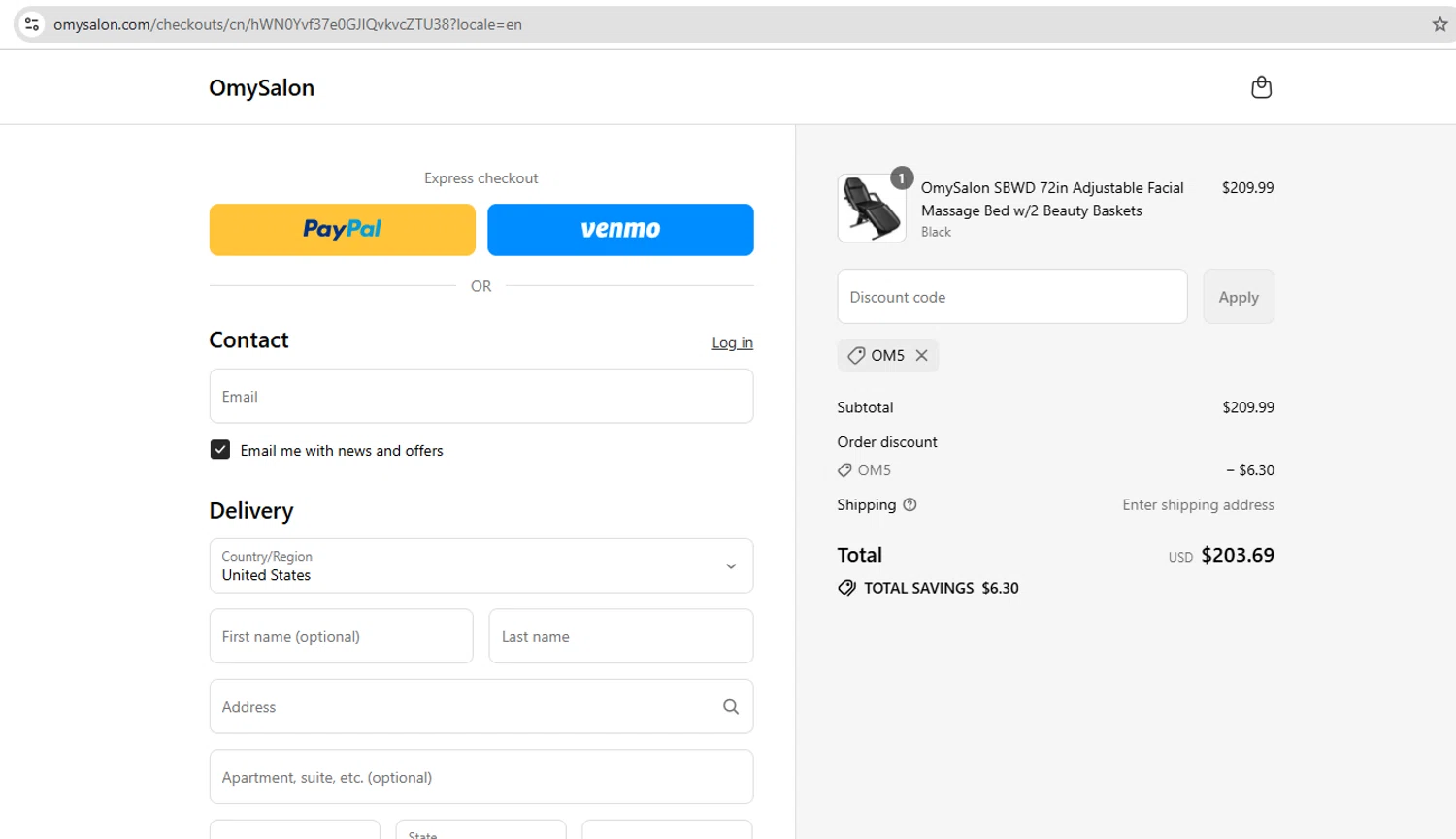OmySalon discount code screenshot showing code OM5 applied at OmySalon checkout page. Uploaded by SimplyCodes community member YHLQMDLGN on Jul 13, 2025