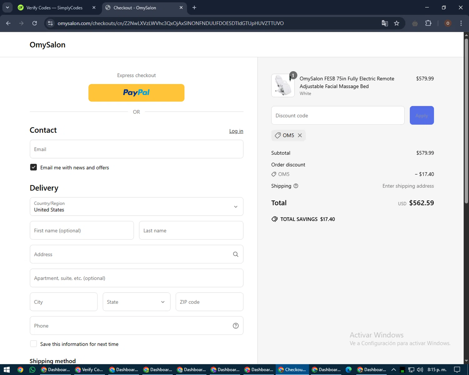 OmySalon discount code screenshot showing code OM5 applied at OmySalon checkout page. Uploaded by SimplyCodes community member LegendaryAdmiral8649 on Apr 25, 2025