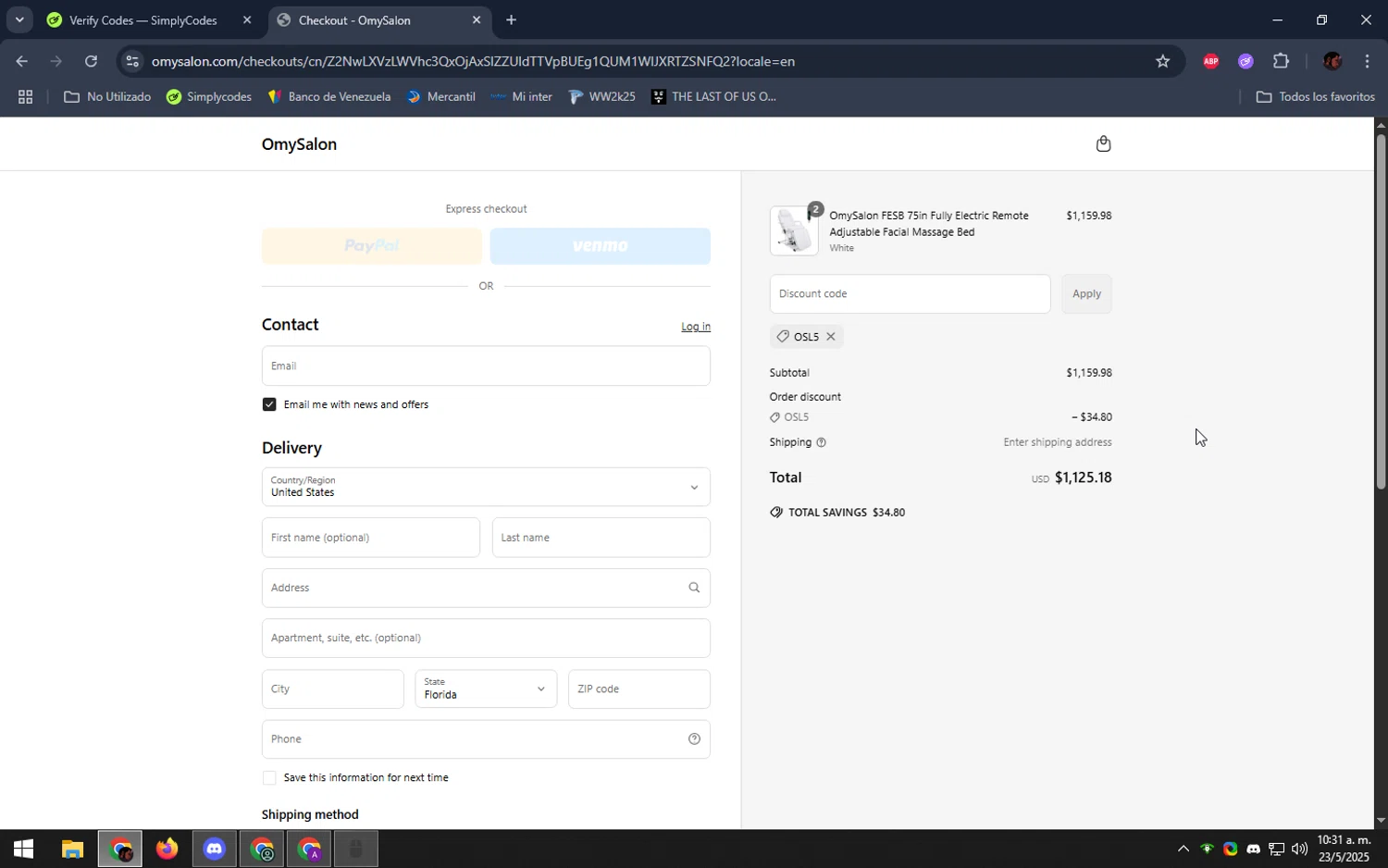 OmySalon discount code screenshot showing code OSL5 applied at OmySalon checkout page. Uploaded by SimplyCodes community member DealEagle493 on May 23, 2025