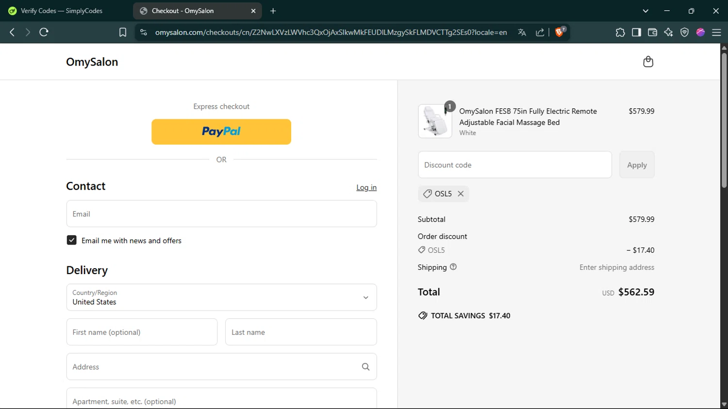 OmySalon discount code screenshot showing code OSL5 applied at OmySalon checkout page. Uploaded by SimplyCodes community member Guacamole_Picante on Jun 17, 2025