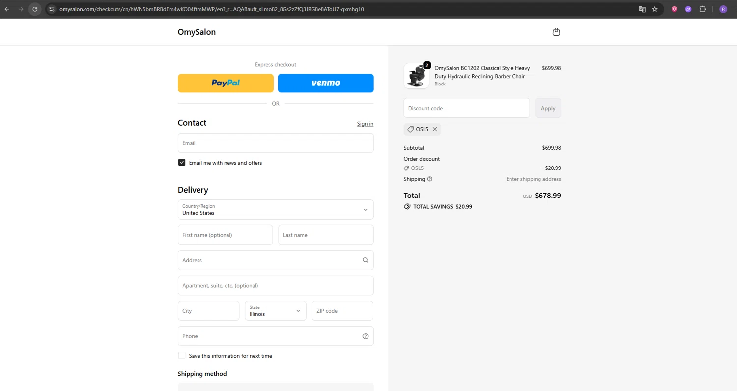 OmySalon discount code screenshot showing code OSL5 applied at OmySalon checkout page. Uploaded by SimplyCodes community member Ron322 on Nov 23, 2025