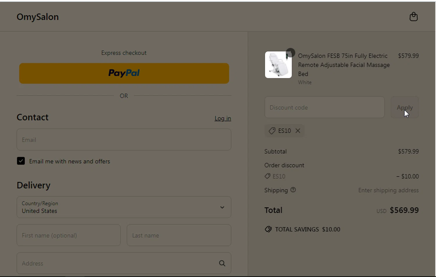 OmySalon discount code screenshot showing code Es10 applied at OmySalon checkout page. Uploaded by SimplyCodes community member IFeelGood3 on May 23, 2025