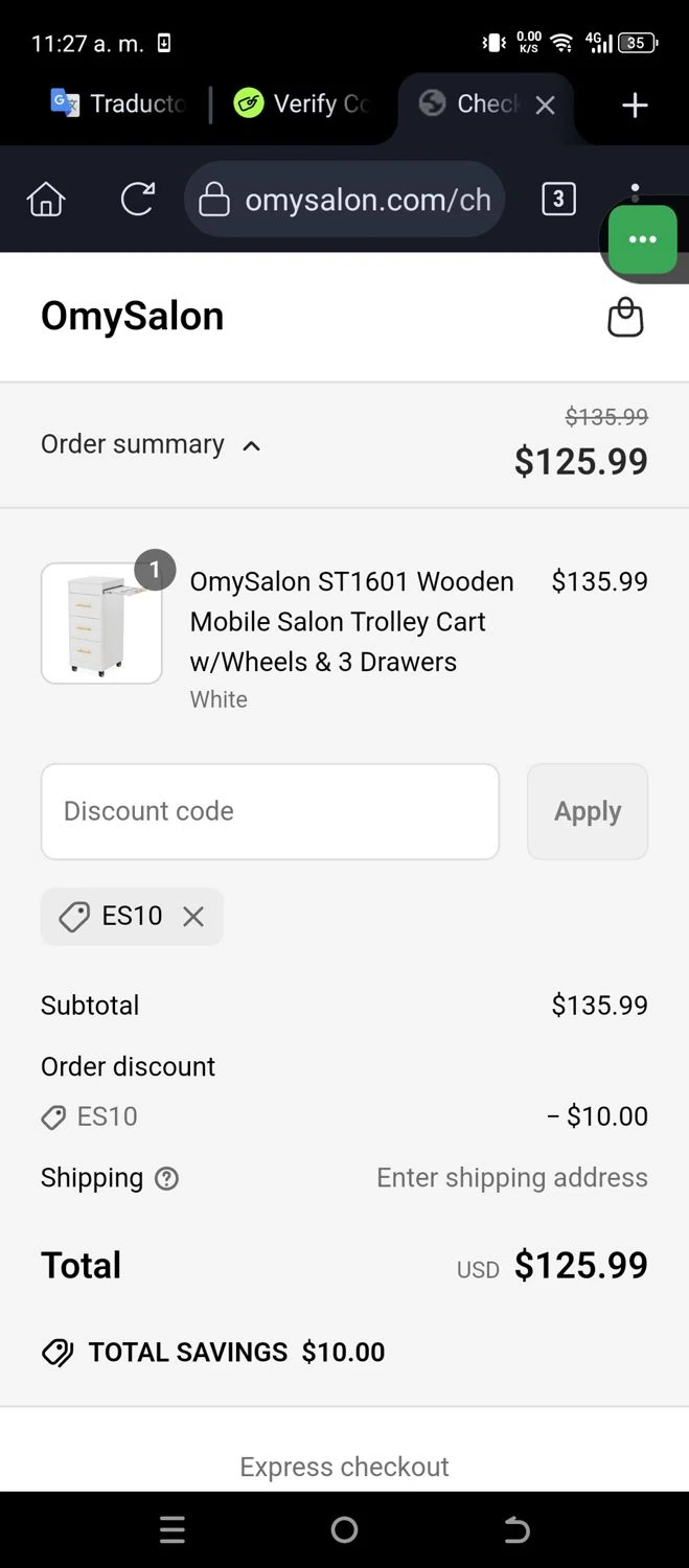 OmySalon discount code screenshot showing code Es10 applied at OmySalon checkout page. Uploaded by SimplyCodes community member JannyiseaN on Mar 17, 2025