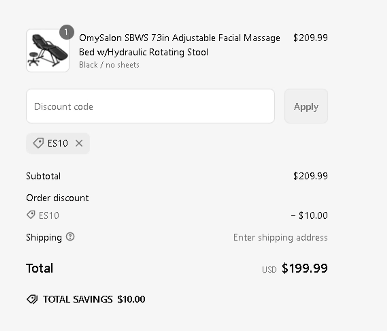 OmySalon discount code screenshot showing code Es10 applied at OmySalon checkout page. Uploaded by SimplyCodes community member Netheryno on Mar 8, 2025