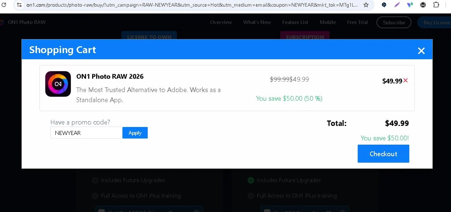 ON1 promo code screenshot showing code NEWYEAR applied at ON1 checkout page. Uploaded by SimplyCodes community member LAMINEJAMAL on Jan 10, 2026