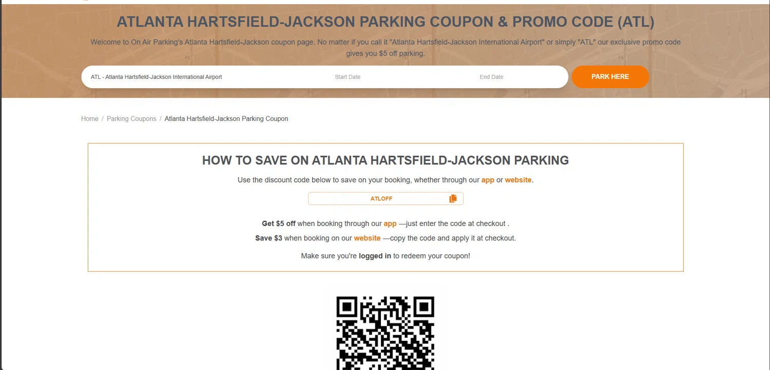 On Air Parking coupon code screenshot showing code ATLOFF applied at On Air Parking checkout page. Uploaded by SimplyCodes community member FrugalElite775 on Sep 29, 2025