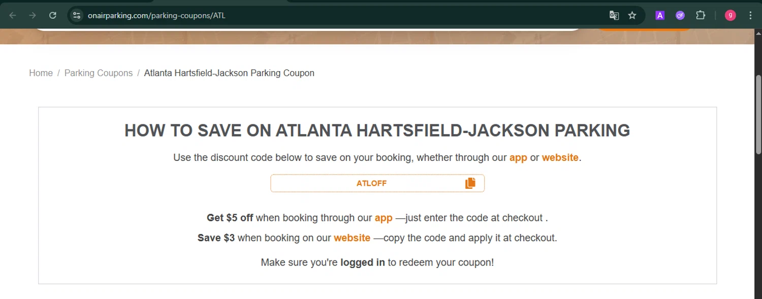 On Air Parking coupon code screenshot showing code ATLOFF applied at On Air Parking checkout page. Uploaded by SimplyCodes community member MoneyFalcon481 on Nov 26, 2025