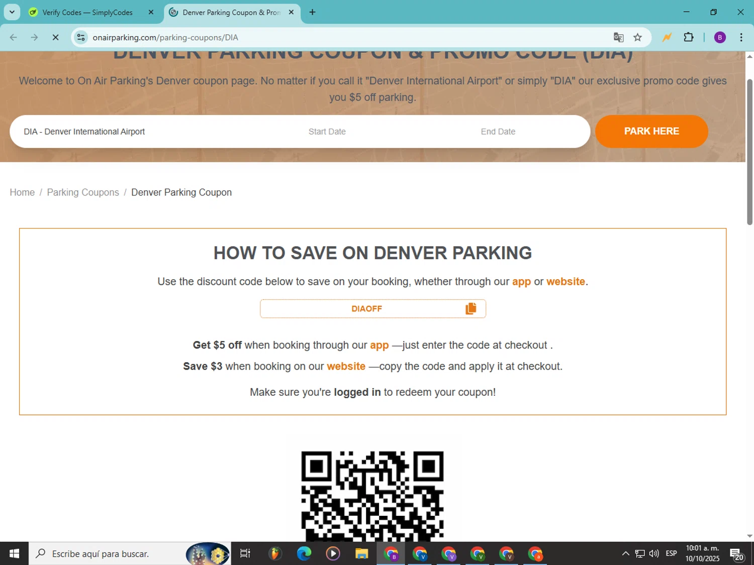 On Air Parking coupon code screenshot showing code DIAOFF applied at On Air Parking checkout page. Uploaded by SimplyCodes community member Soyvictor on Oct 10, 2025