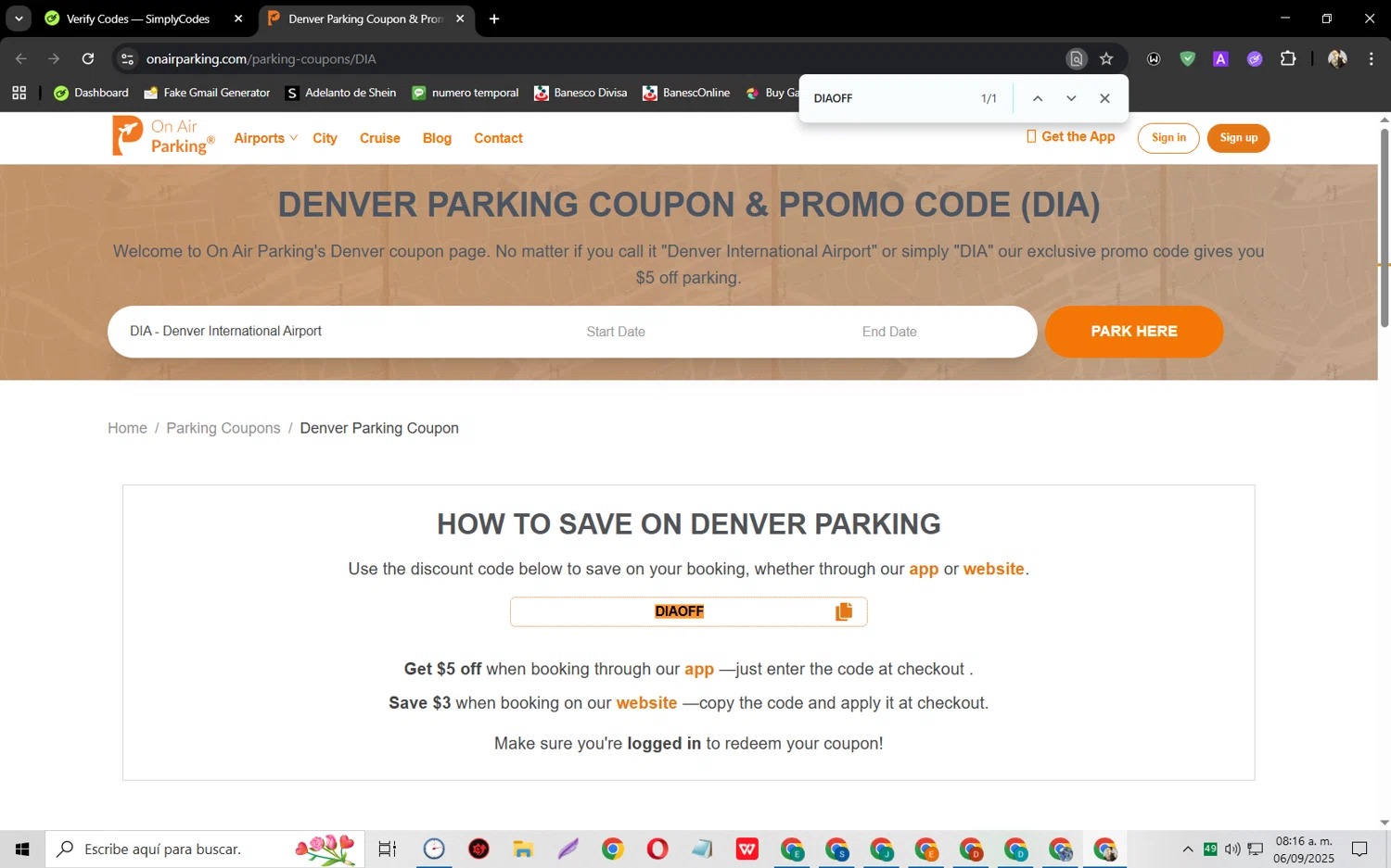 On Air Parking coupon code screenshot showing code DIAOFF applied at On Air Parking checkout page. Uploaded by SimplyCodes community member jeysosmoore on Sep 6, 2025