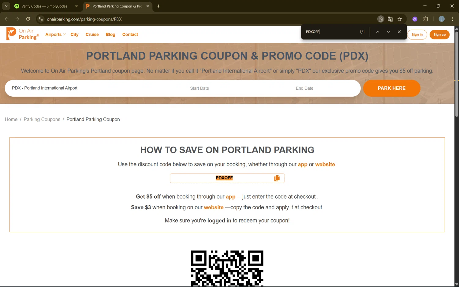 On Air Parking coupon code screenshot showing code PDXOFF applied at On Air Parking checkout page. Uploaded by SimplyCodes community member frijolito on Aug 24, 2025