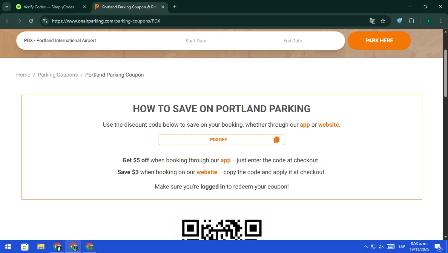 On Air Parking coupon code screenshot showing code PDXOFF applied at On Air Parking checkout page. Uploaded by SimplyCodes community member rodri1 on Nov 19, 2025