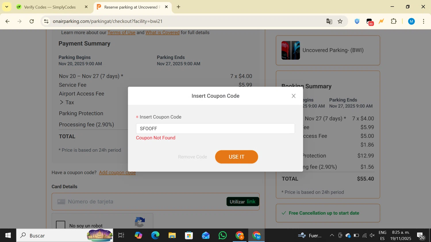 On Air Parking coupon code screenshot showing code SFOOFF applied at On Air Parking checkout page. Uploaded by SimplyCodes community member LegendaryAce4371 on Nov 19, 2025