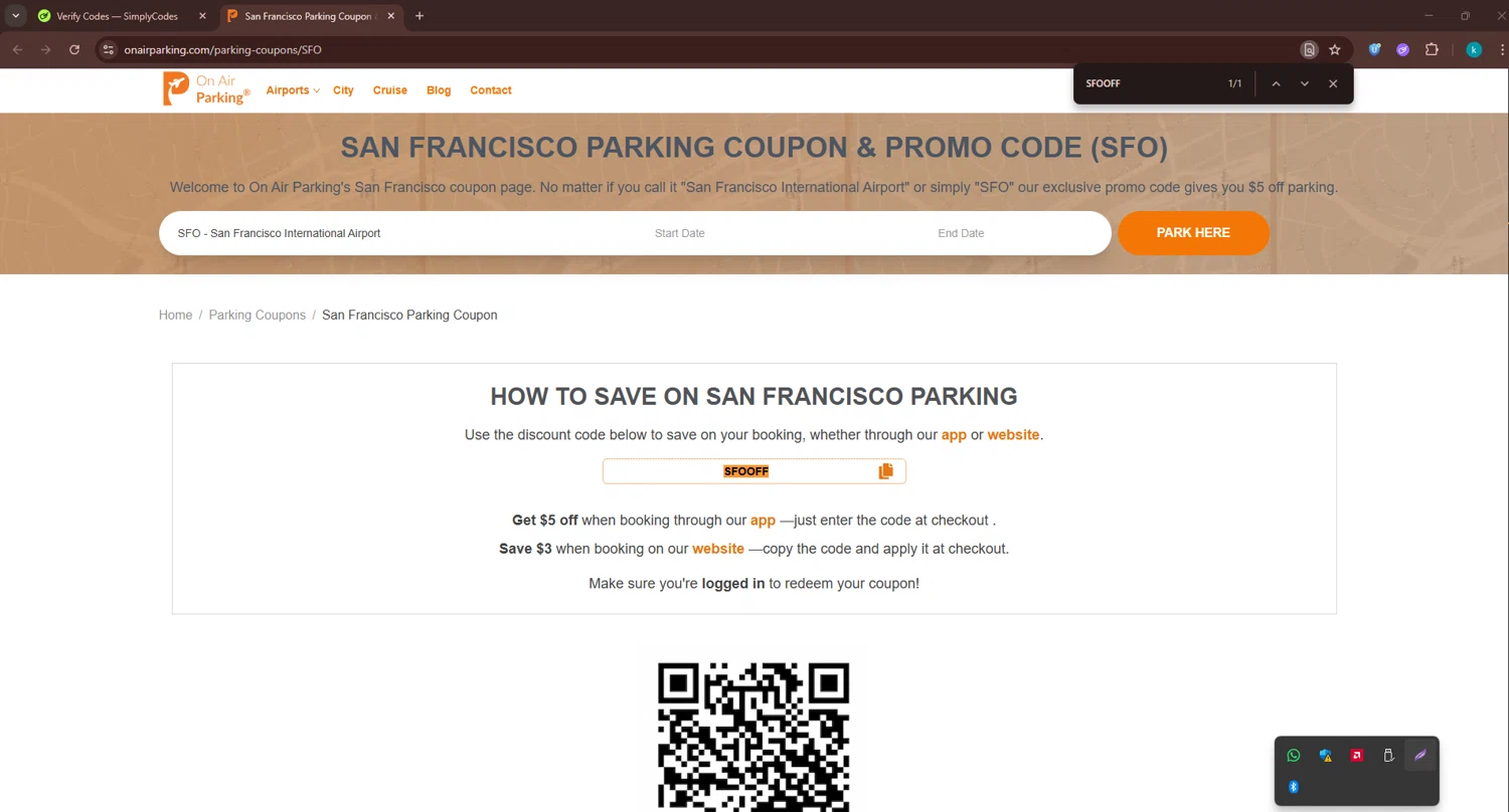 On Air Parking coupon code screenshot showing code SFOOFF applied at On Air Parking checkout page. Uploaded by SimplyCodes community member RewardKnight9989 on Nov 19, 2025