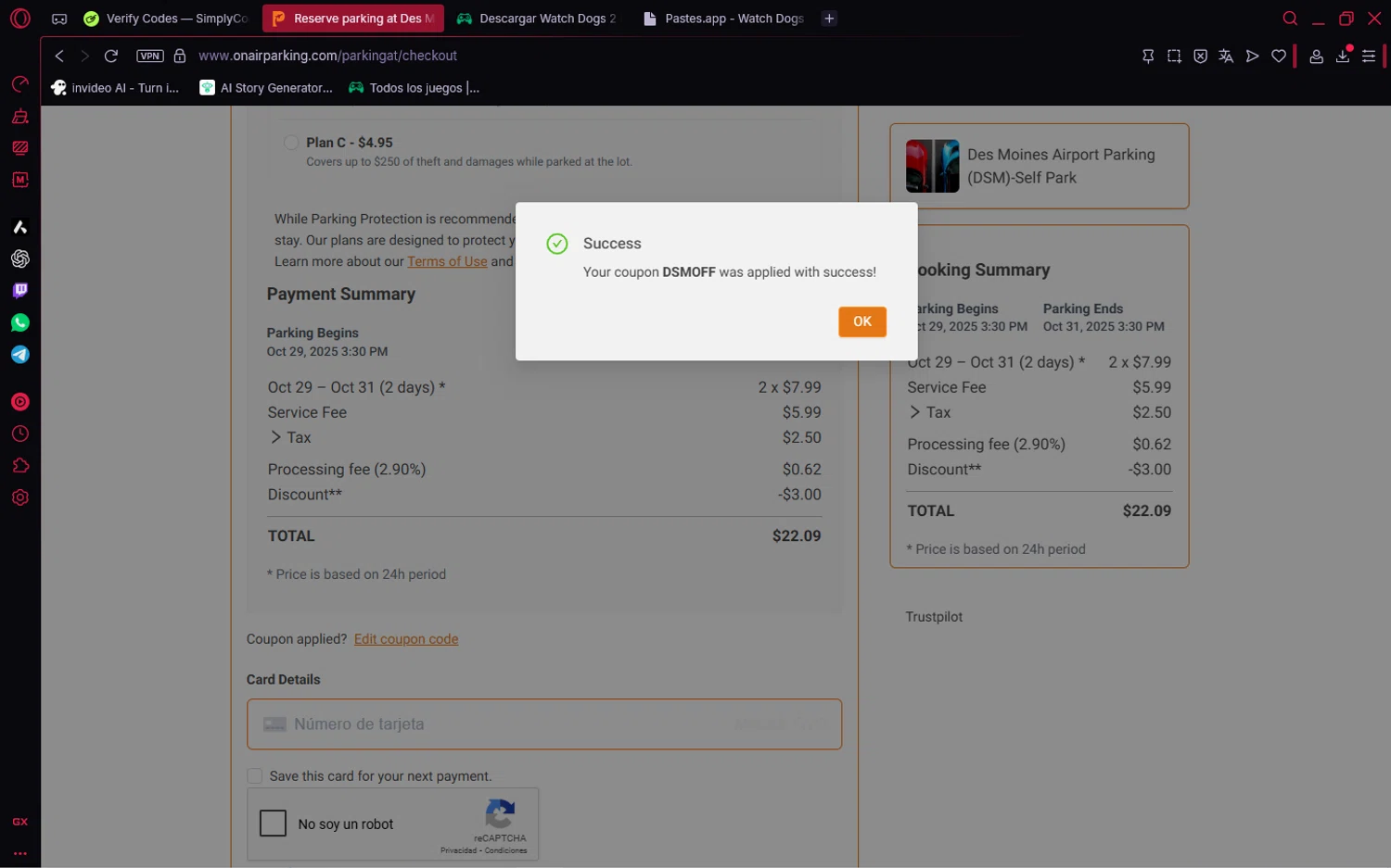 On Air Parking coupon code screenshot showing code DSMOFF applied at On Air Parking checkout page. Uploaded by SimplyCodes community member SavvyWizard7346 on Oct 14, 2025