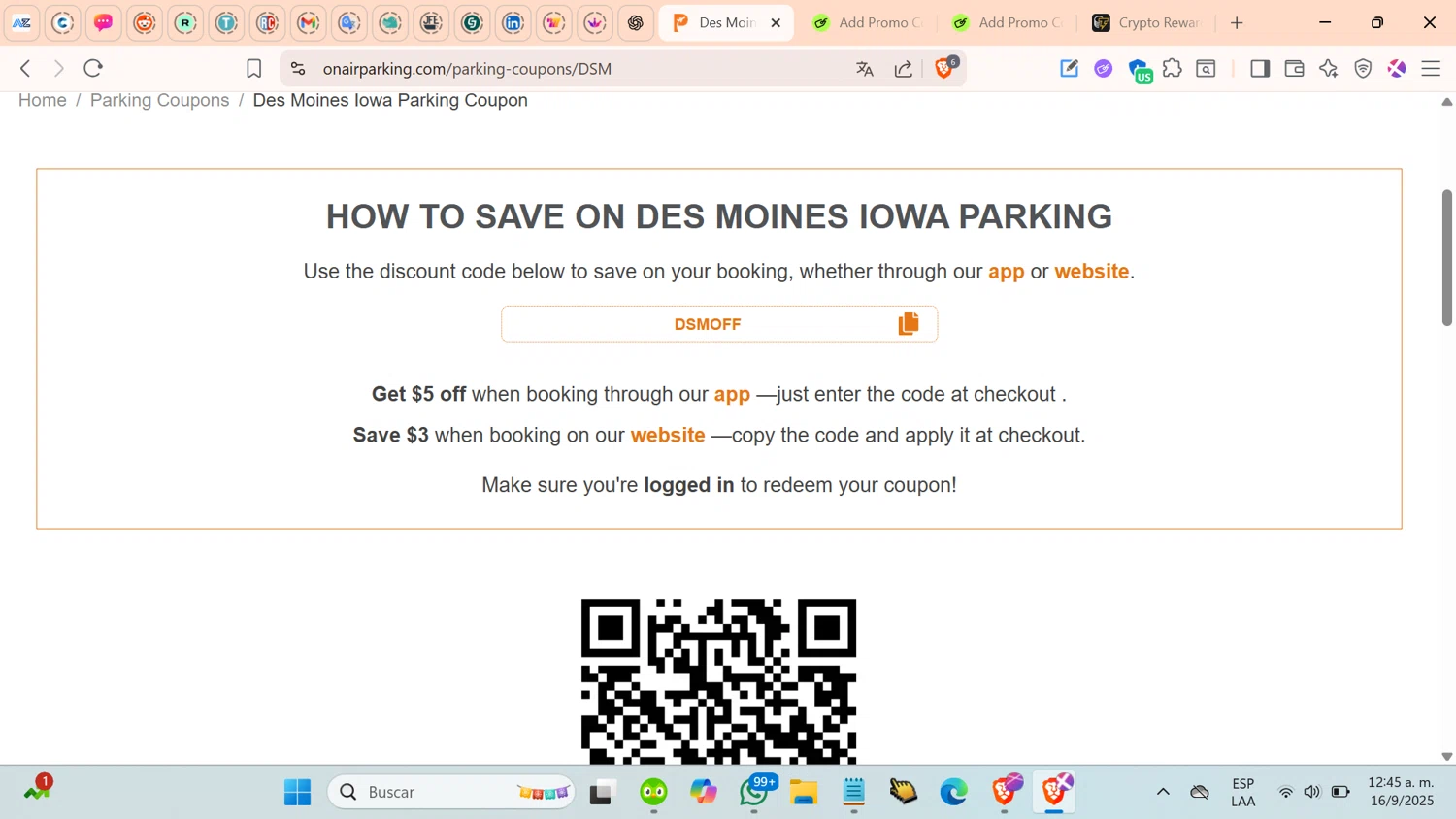 On Air Parking coupon code screenshot showing code DSMOFF applied at On Air Parking checkout page. Uploaded by SimplyCodes community member cosita on Sep 16, 2025