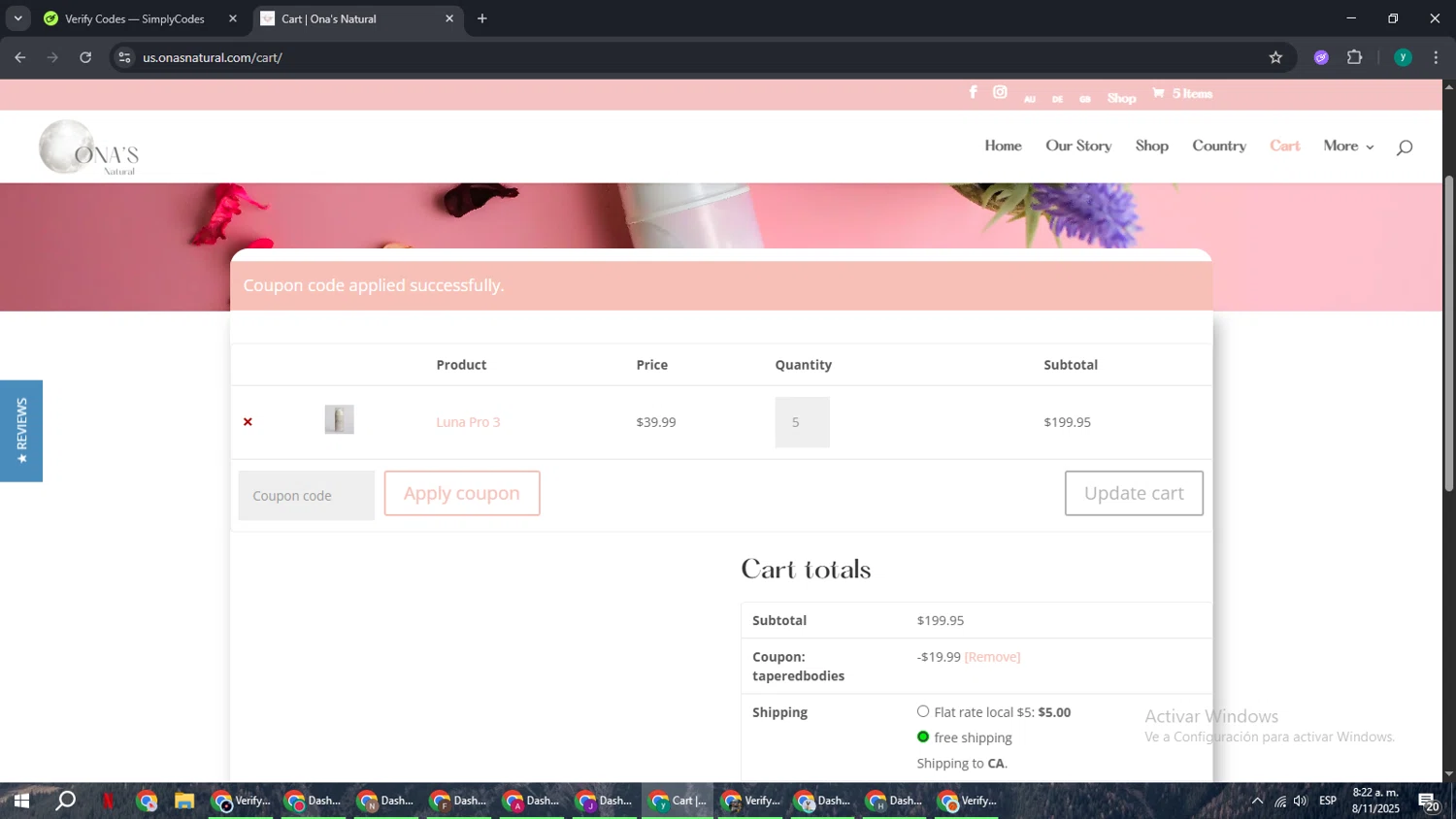 Ona's Natural checkout page showing Ona's Natural promo code box | Screenshot taken by SimplyCodes community member on Nov 8, 2025
