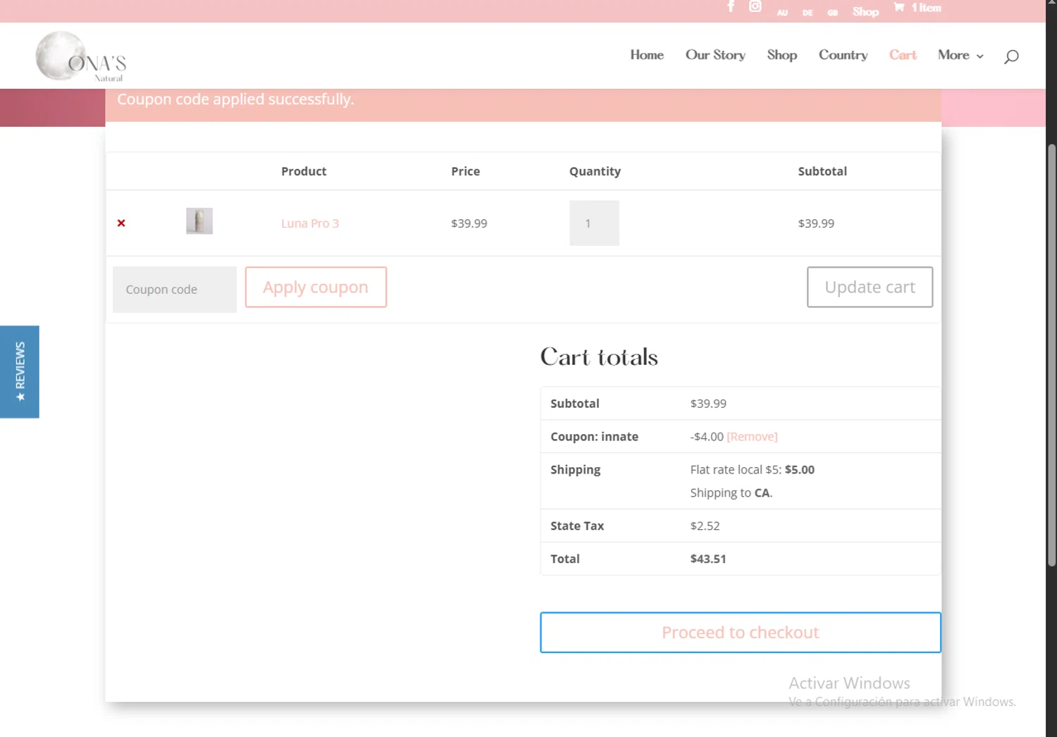 Ona's Natural promo code screenshot showing code INNATE applied at Ona's Natural checkout page. Uploaded by SimplyCodes community member BrilliantGenius7871 on Jun 18, 2025