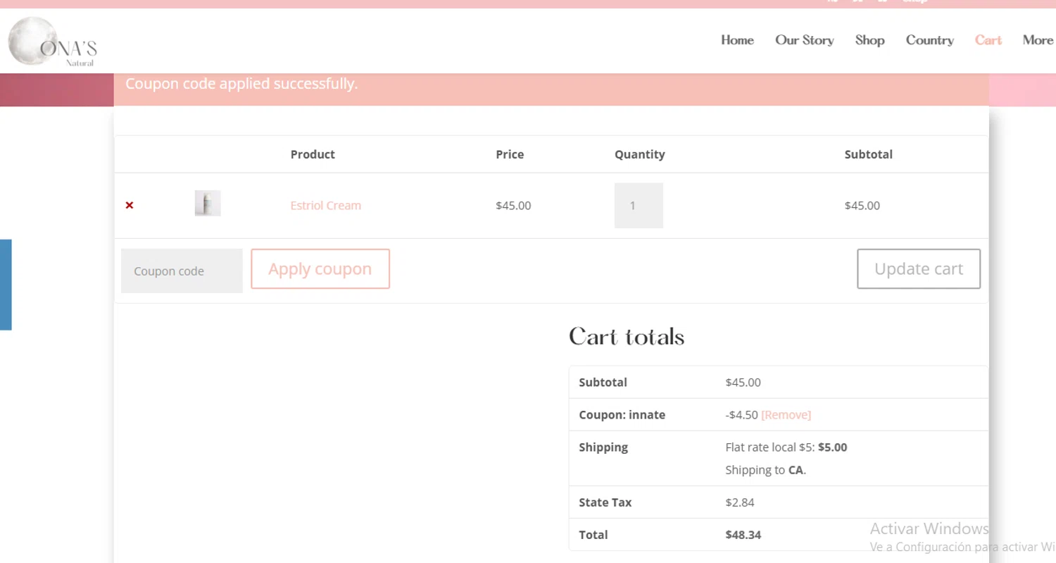 Ona's Natural promo code screenshot showing code INNATE applied at Ona's Natural checkout page. Uploaded by SimplyCodes community member GEYTER on May 14, 2025