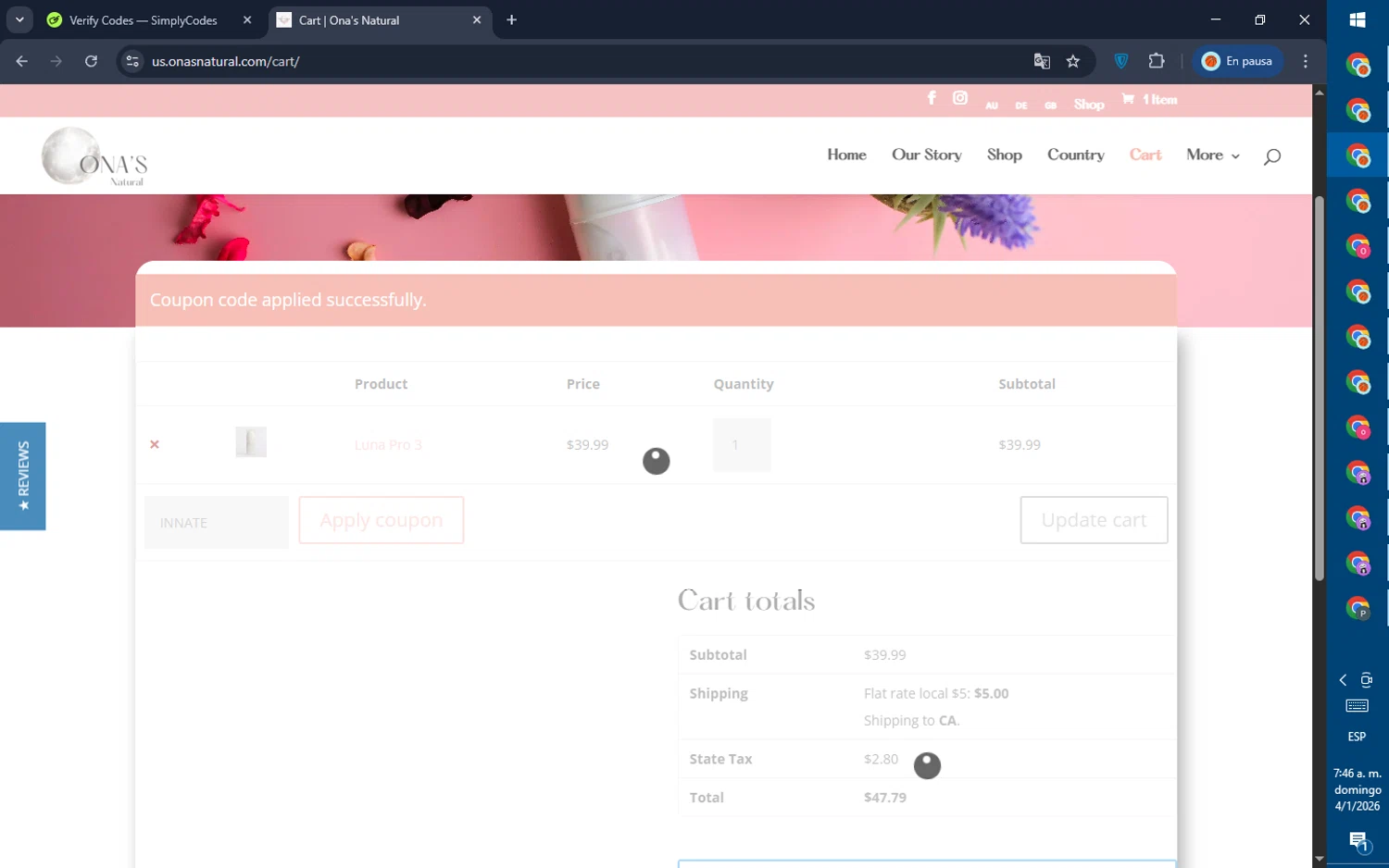 Ona's Natural checkout page showing Ona's Natural promo code box | Screenshot taken by SimplyCodes community member on Jan 4, 2026