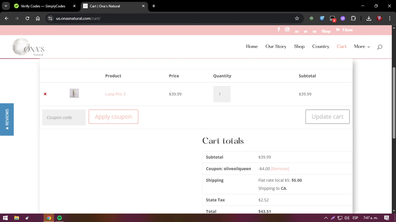 Ona's Natural checkout page showing Ona's Natural promo code box | Screenshot taken by SimplyCodes community member on Jan 4, 2026