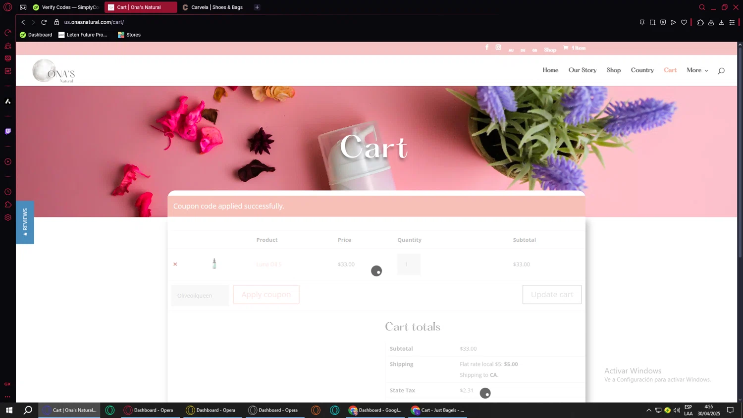 Ona's Natural promo code screenshot showing code Oliveoilqueen applied at Ona's Natural checkout page. Uploaded by SimplyCodes community member SwiftVoyager5067 on Apr 30, 2025