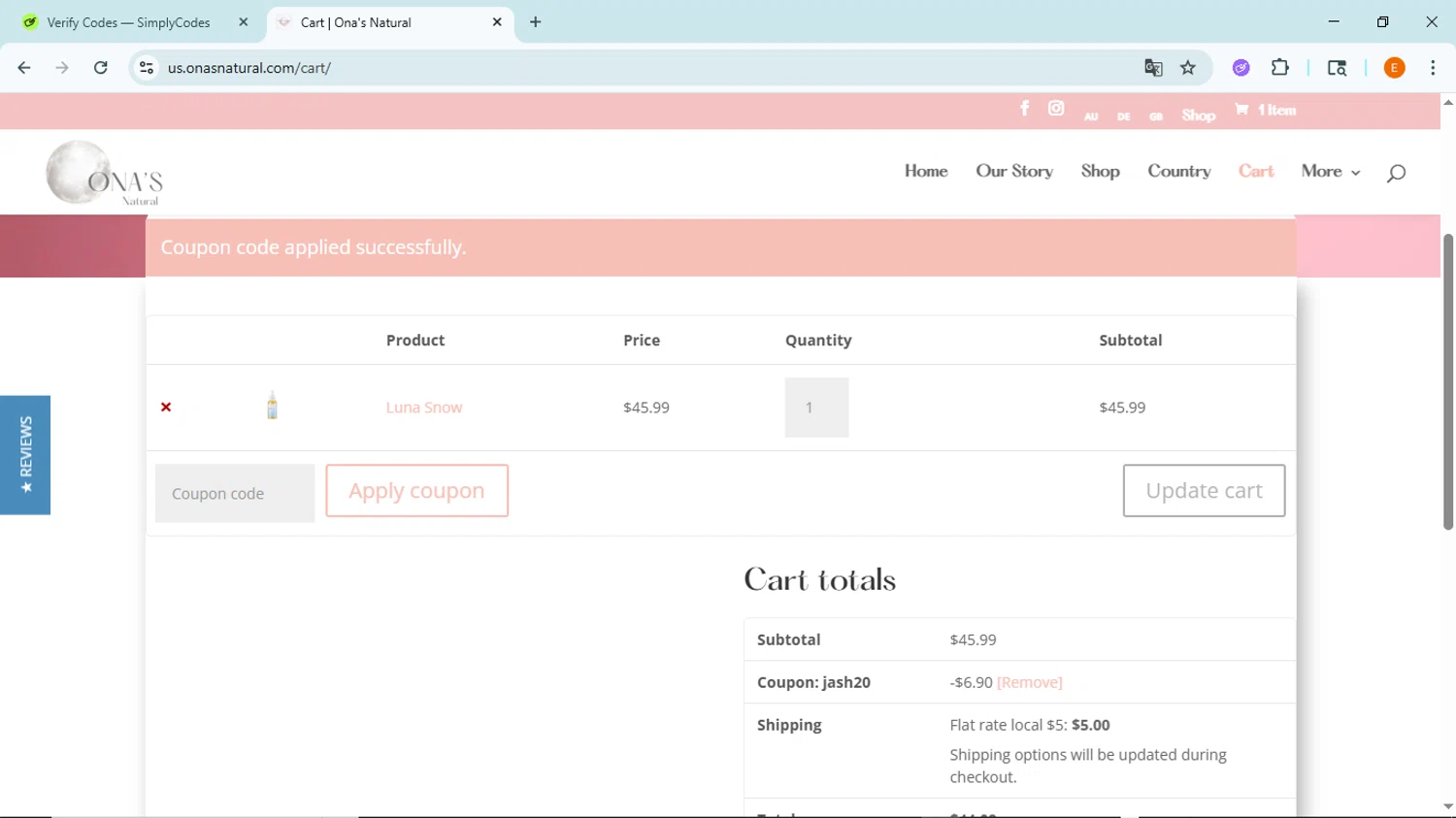 Ona's Natural promo code screenshot showing code Jash20 applied at Ona's Natural checkout page. Uploaded by SimplyCodes community member BudgetFox5491 on Jun 18, 2025