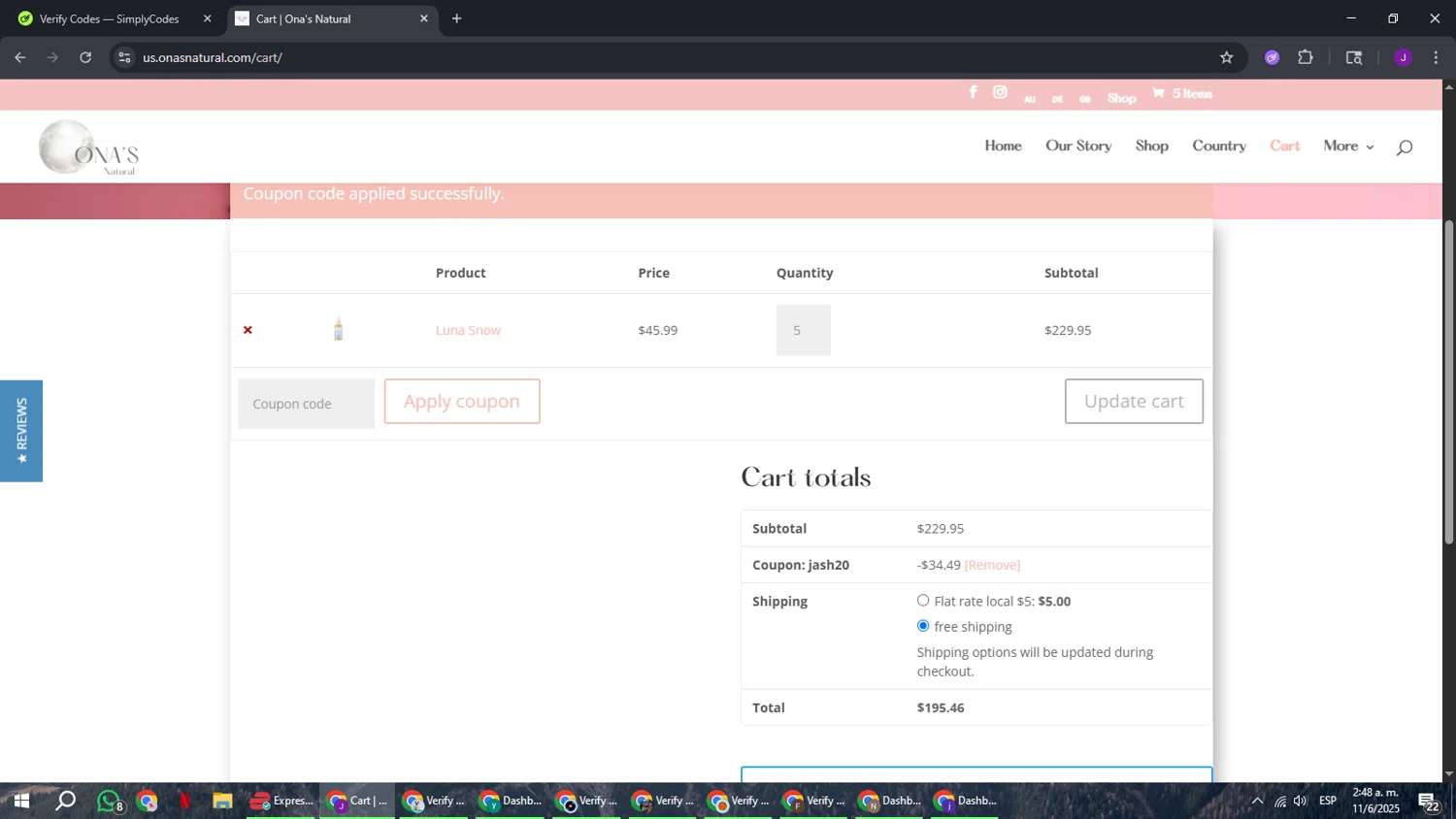 Ona's Natural promo code screenshot showing code Jash20 applied at Ona's Natural checkout page. Uploaded by SimplyCodes community member ComeBurra123 on Jun 11, 2025