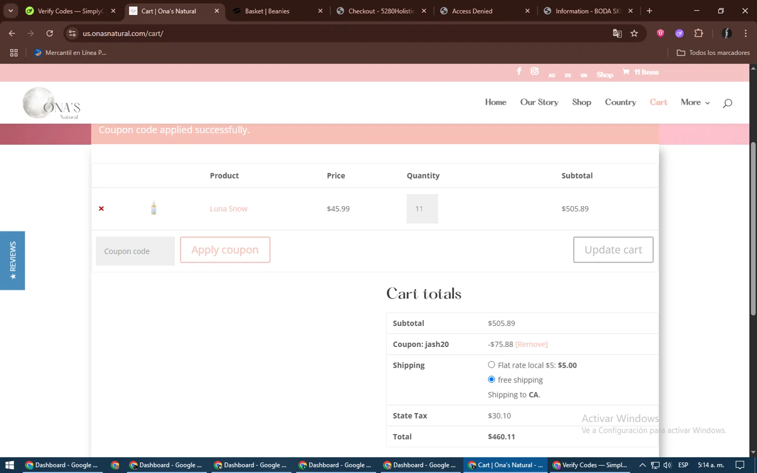 Ona's Natural promo code screenshot showing code Jash20 applied at Ona's Natural checkout page. Uploaded by SimplyCodes community member alexdaal on Jun 25, 2025