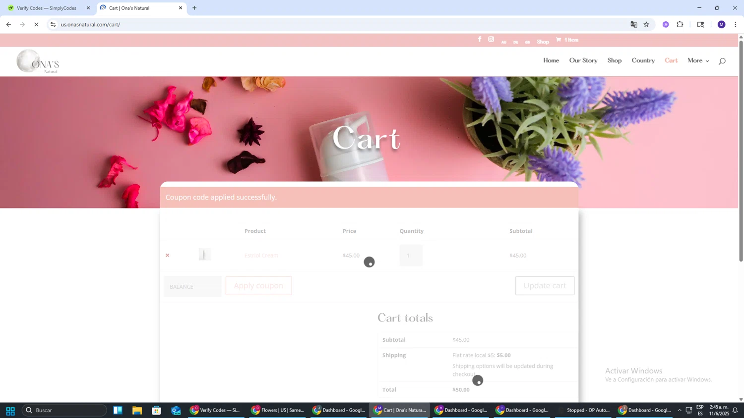 Ona's Natural promo code screenshot showing code BALANCE applied at Ona's Natural checkout page. Uploaded by SimplyCodes community member CRF250CC on Jun 11, 2025