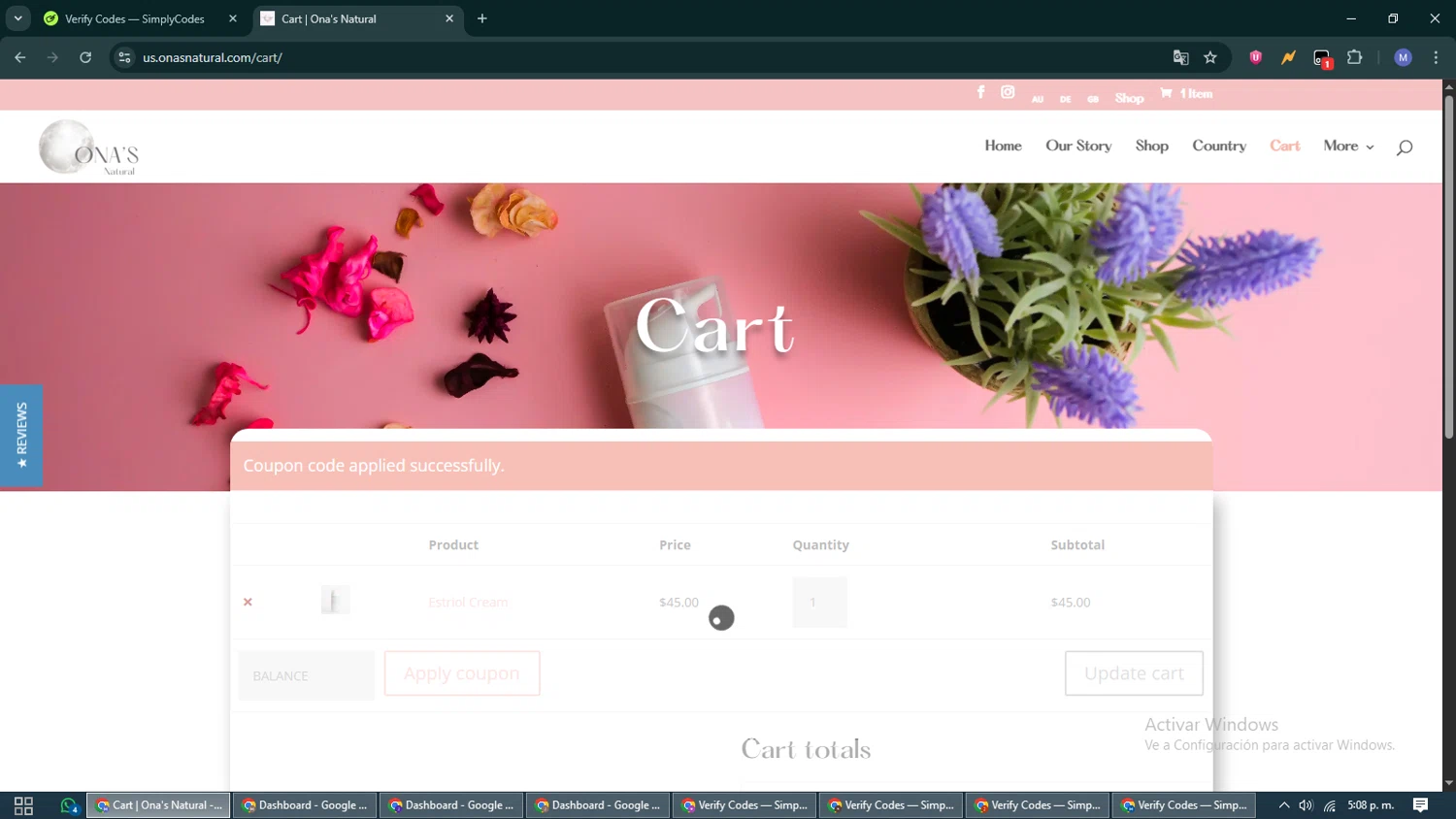Ona's Natural promo code screenshot showing code BALANCE applied at Ona's Natural checkout page. Uploaded by SimplyCodes community member VoucherCurator824 on Oct 10, 2025