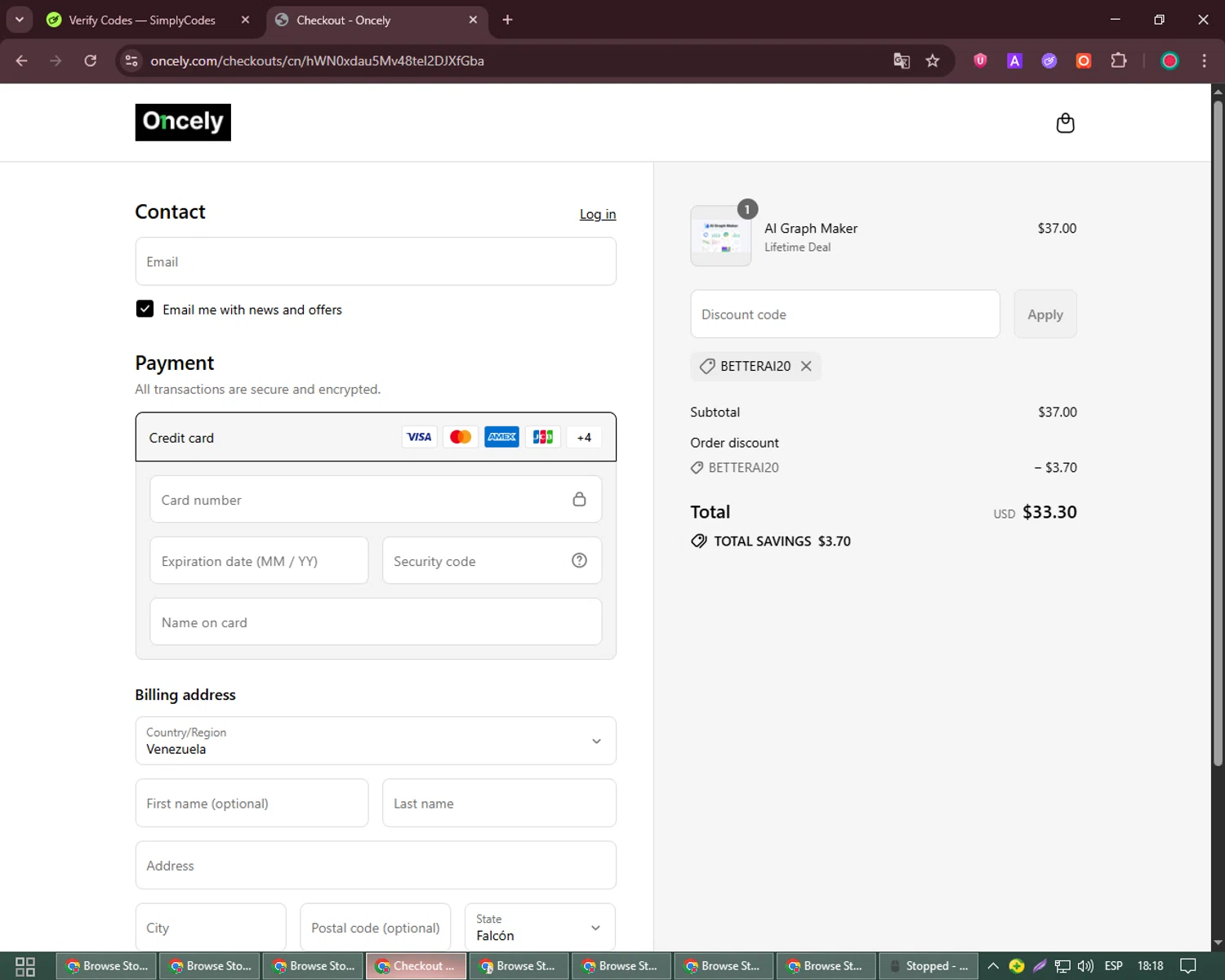 Oncely discount code screenshot showing code BETTERAI20 applied at Oncely checkout page. Uploaded by SimplyCodes community member David_Garcia on Jul 23, 2025