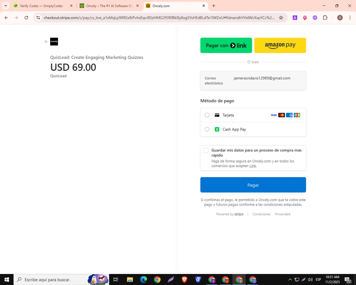 Oncely discount code screenshot showing code LEEFRANCIS applied at Oncely checkout page. Uploaded by SimplyCodes community member DealMaestro3966 on Nov 2, 2025