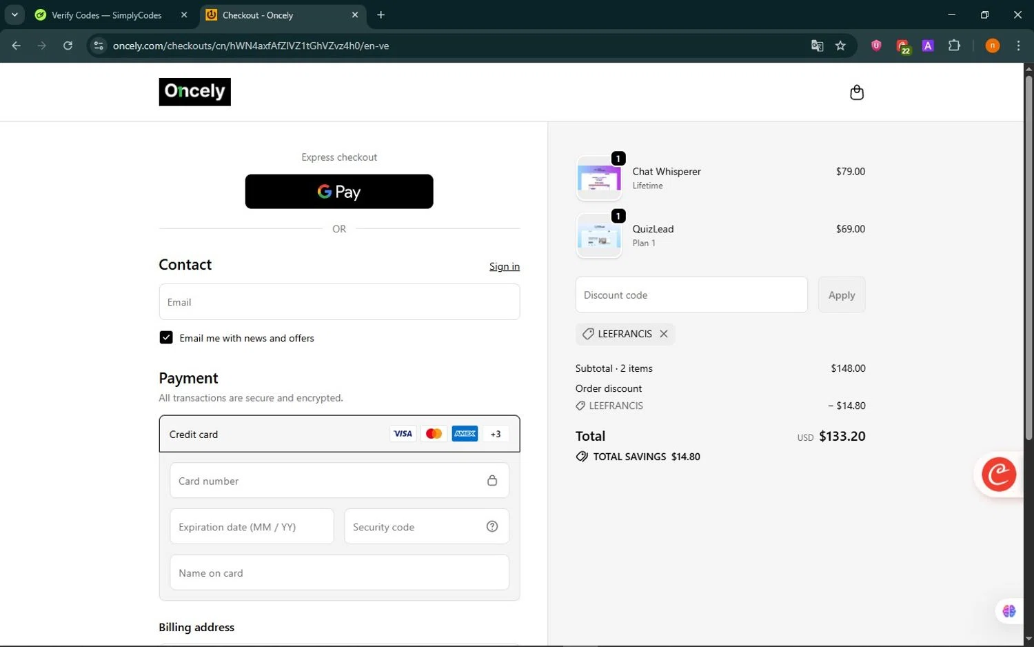 Oncely discount code screenshot showing code LEEFRANCIS applied at Oncely checkout page. Uploaded by SimplyCodes community member NobleScholar188 on Oct 27, 2025