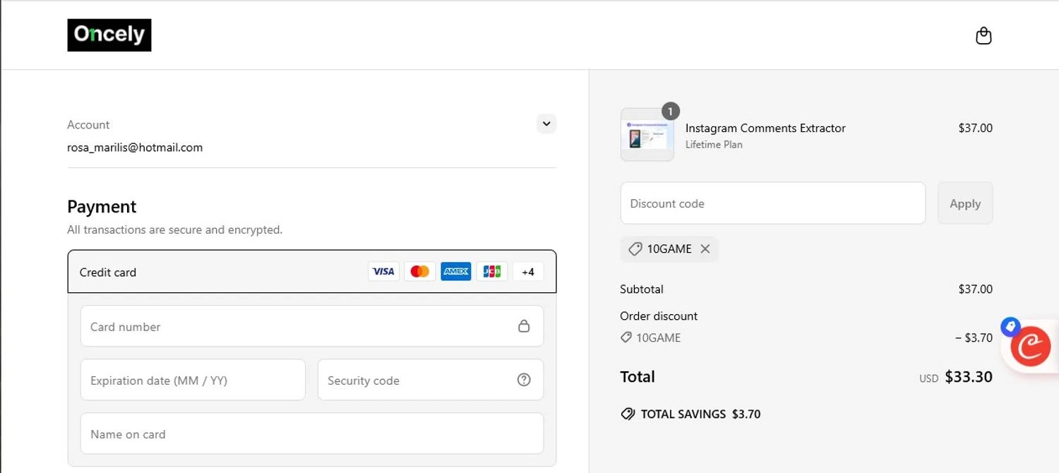 Oncely discount code screenshot showing code 10GAME applied at Oncely checkout page. Uploaded by SimplyCodes community member armalissolorzano1 on May 9, 2025
