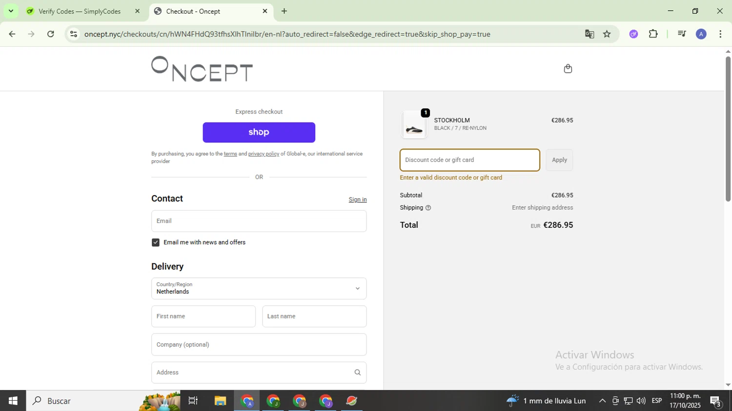 Oncept discount code screenshot showing code WELCOME15 applied at Oncept checkout page. Uploaded by SimplyCodes community member TreasureCaptain5531 on Oct 18, 2025