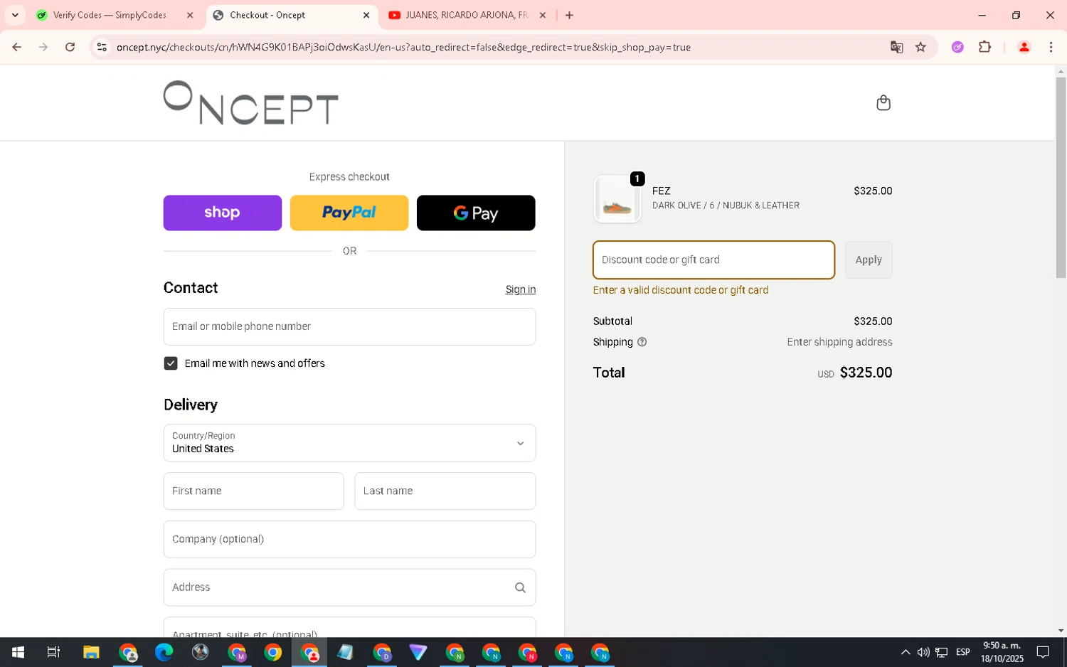 Oncept discount code screenshot showing code WELCOME15 applied at Oncept checkout page. Uploaded by SimplyCodes community member WiseHero7115 on Oct 18, 2025