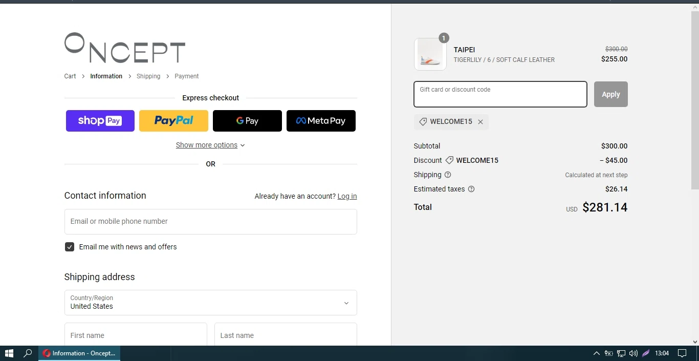 Oncept checkout page showing Oncept discount code box | Screenshot taken by SimplyCodes community member on Apr 11, 2023