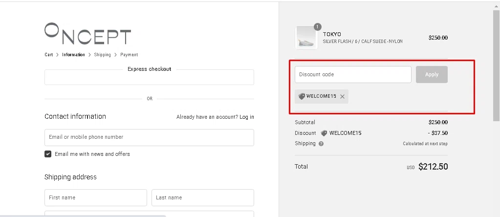 Oncept checkout page showing Oncept discount code box | Screenshot taken by SimplyCodes community member on Mar 7, 2022